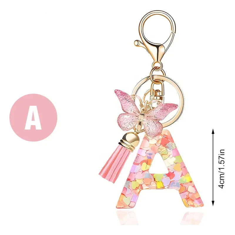 A-Z Dreamy Sequin Letters Keychain for Women Tassel Butterfly Pendant Initial Keyring Purse Suspension Bags Charms Car Key Chain