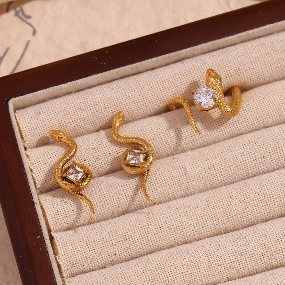 E.B.belle Square Zirconium Plate Snake Shaped Ring 316L Stainless Steel Accessories 18K Gold Plated Decoration
