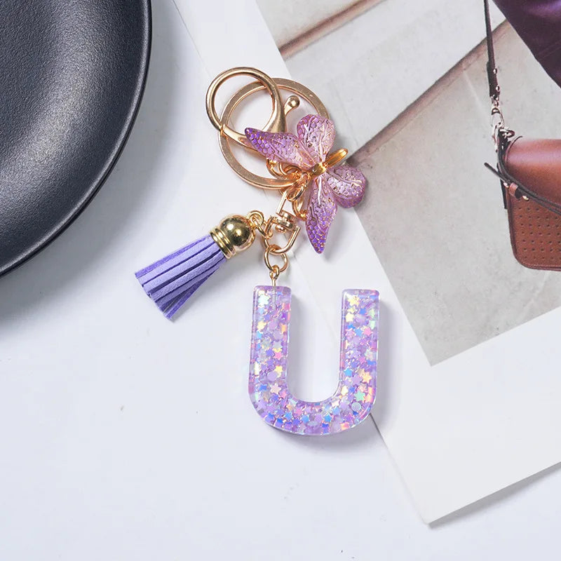 A To Z Purple Stars Filled Letter Keychain 26 Initials Alphabet Butterfly Tassel Charms Keyrings Bag Ornament Car Trinket Gift