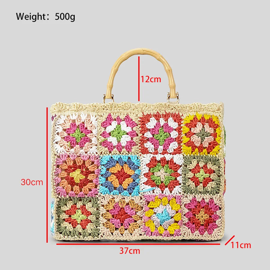 Bohemian Granny Square Straw Tote Bag Bamboo Handle Weave Women Handbags Casual Handmade Summer Beach Bags Large Capacity Purses