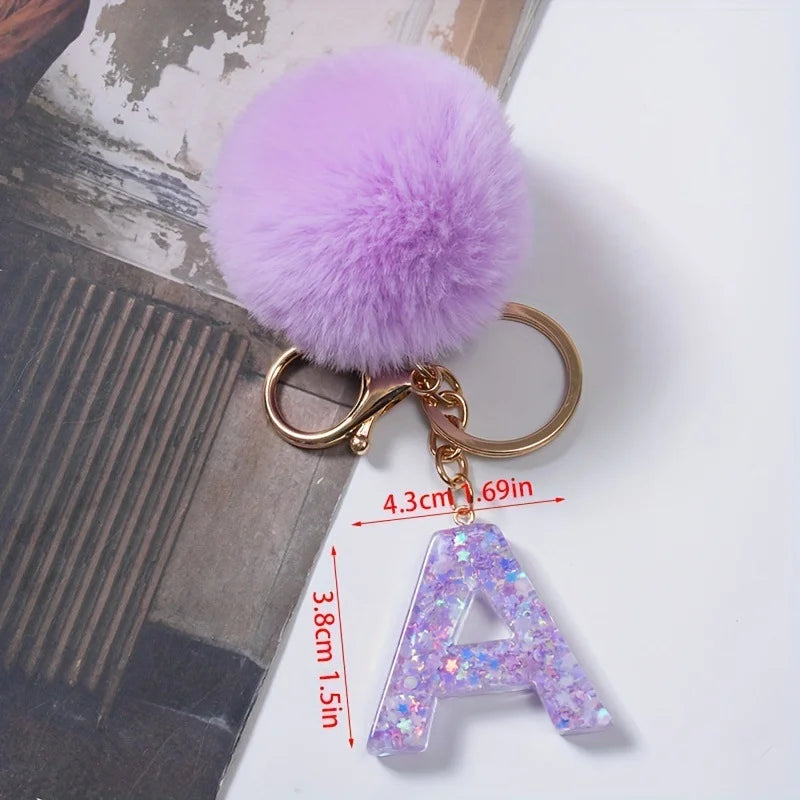 A-Z 26 Alphabet Letter keychain resin star sequin key ring cute purple plush ball keychain women's bag pendant fashion gift