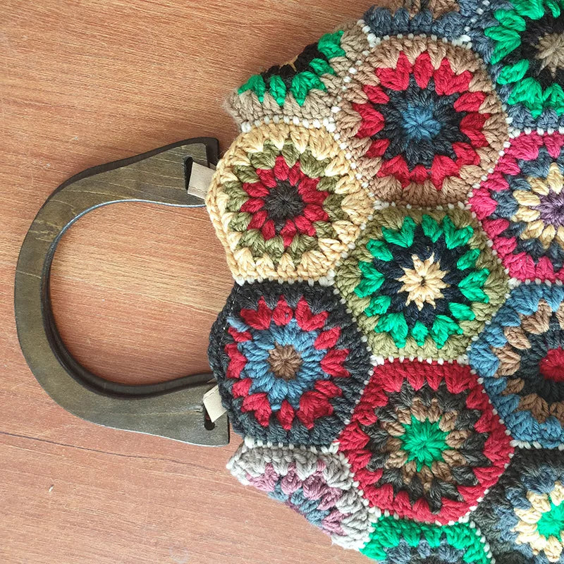 Bohemian Granny SquareCrochet Women Handbags Vintage Wooden Knitted Hand Bags Handmade Woven Large Tote Big Shopper Purses 2023