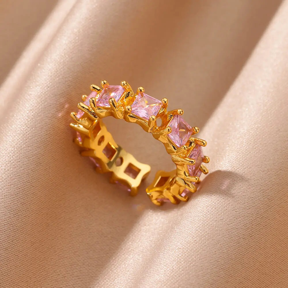 Gold Color Cubic Zircon Rings For Women Open Stainless Steel Green Color Luxury Crystal Finger Ring Boho Jewelry Wedding Gift