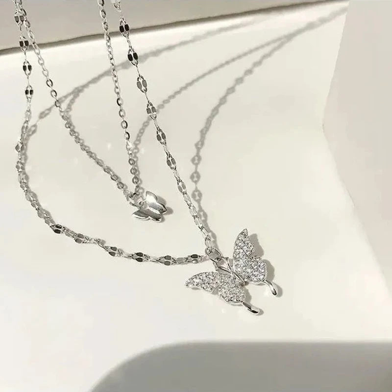 New 925 Sterling Silver Shiny Butterfly Pendent Necklace Women Exquisite Double Layer Clavicle Chain Necklace Jewelry Gift