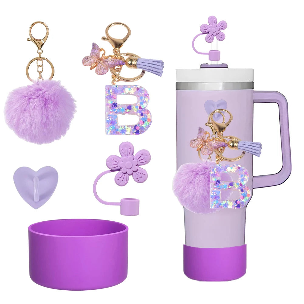 5pcs Accessories Set For Stanley Tumbler with Handle Resin Alphabet Initial Letter Keychain Keyring for Women Purse Handbags