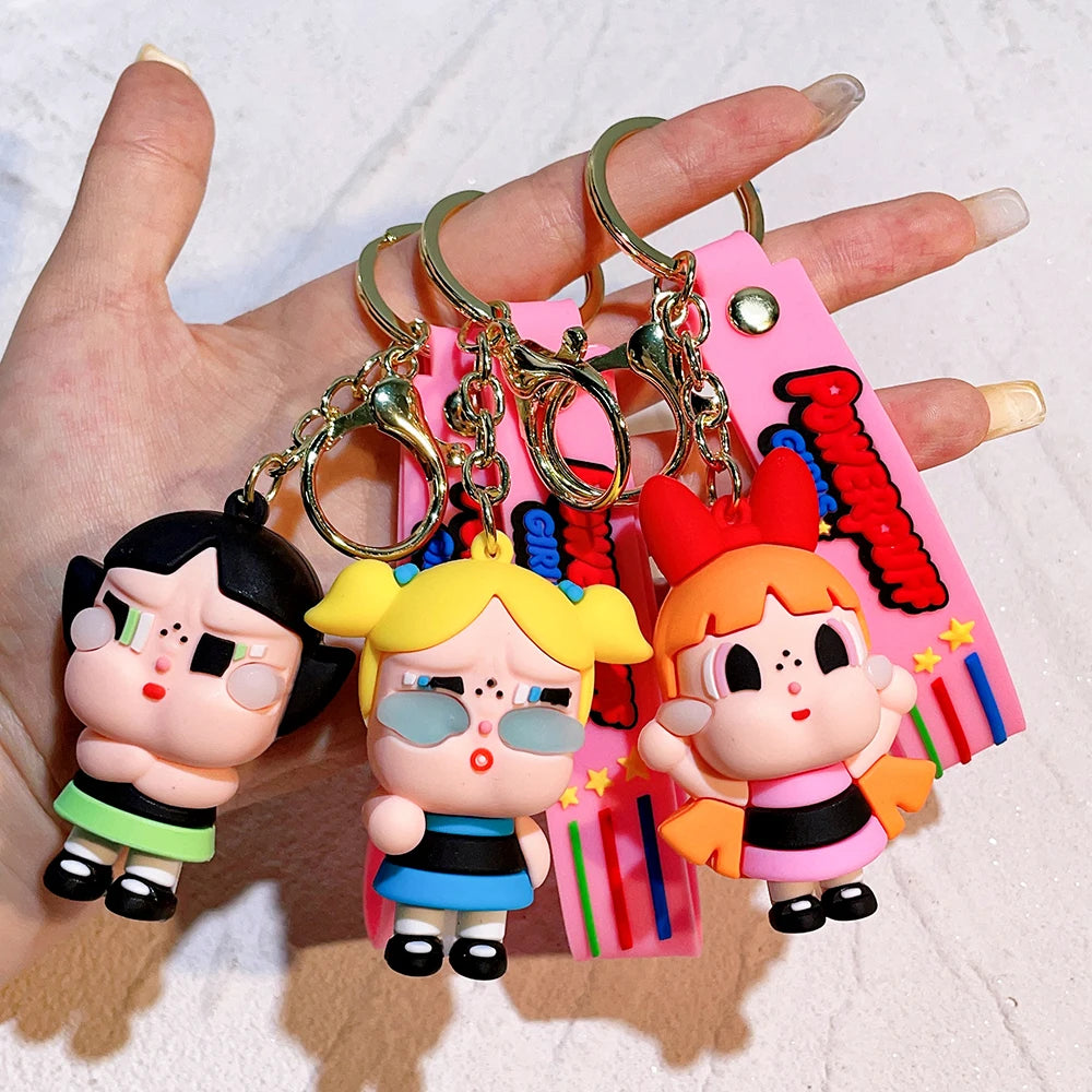 The Powerpuff Girls Creative Keychain for Women Men Fans Cartoon Cute Silicone Doll Pendant Keyring Gifts Keys Holder