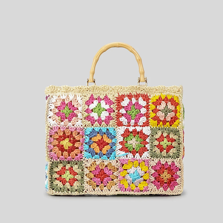 Bohemian Granny Square Straw Tote Bag Bamboo Handle Weave Women Handbags Casual Handmade Summer Beach Bags Large Capacity Purses
