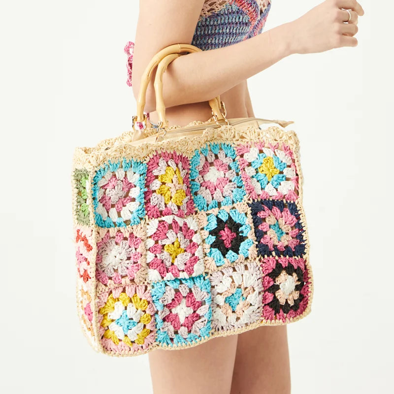 Bohemian Granny Square Straw Tote Bag Bamboo Handle Weave Women Handbags Casual Handmade Summer Beach Bags Large Capacity Purses