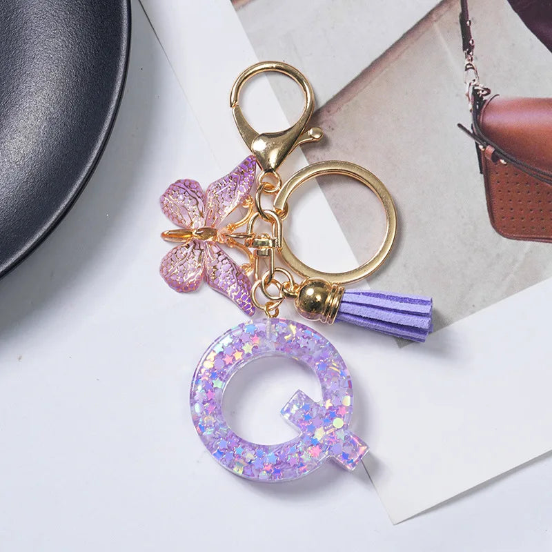 A To Z Purple Stars Filled Letter Keychain 26 Initials Alphabet Butterfly Tassel Charms Keyrings Bag Ornament Car Trinket Gift