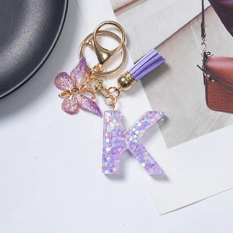 A To Z Purple Stars Filled Letter Keychain 26 Initials Alphabet Butterfly Tassel Charms Keyrings Bag Ornament Car Trinket Gift