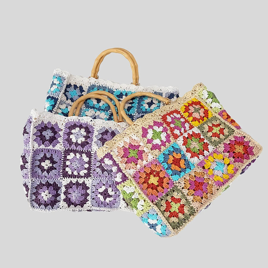 Bohemian Granny Square Straw Tote Bag Bamboo Handle Weave Women Handbags Casual Handmade Summer Beach Bags Large Capacity Purses