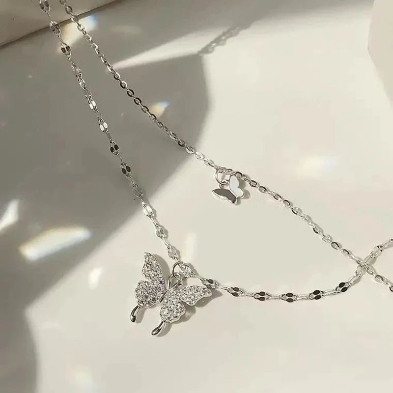 New 925 Sterling Silver Shiny Butterfly Pendent Necklace Women Exquisite Double Layer Clavicle Chain Necklace Jewelry Gift