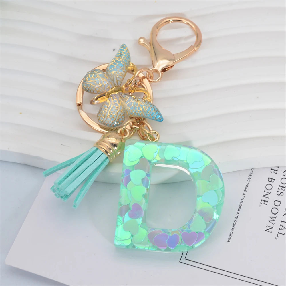 Fashion Green Tassel Butterfly 26Letter Keychain Heart-shaped Sequin Filled Resin Alphabet Keyring for Women Car Handbag Pendant