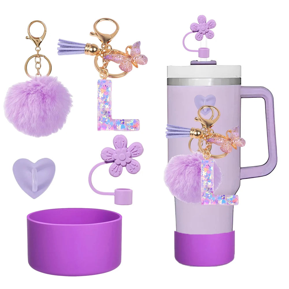 5pcs Accessories Set For Stanley Tumbler with Handle Resin Alphabet Initial Letter Keychain Keyring for Women Purse Handbags