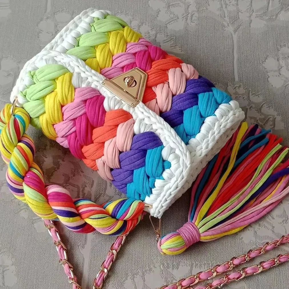 Lady Shoulder Bag Handmade Crochet Bag Woven Bag Fabric Strip Luxury Designer Handbag Purses for Women Tote Bags