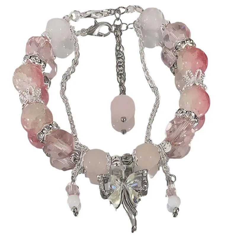 Korean Pink Crystal Flowers Butterfly Pendant Beaded Bracelet For Women Sweet Beaded Chain Bracelet Jewelry Gifts