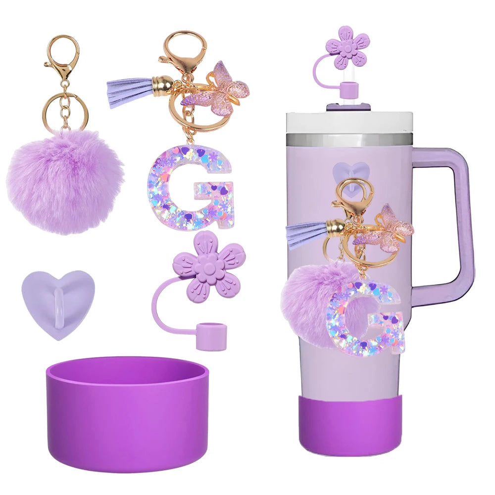 5pcs Accessories Set For Stanley Tumbler with Handle Resin Alphabet Initial Letter Keychain Keyring for Women Purse Handbags