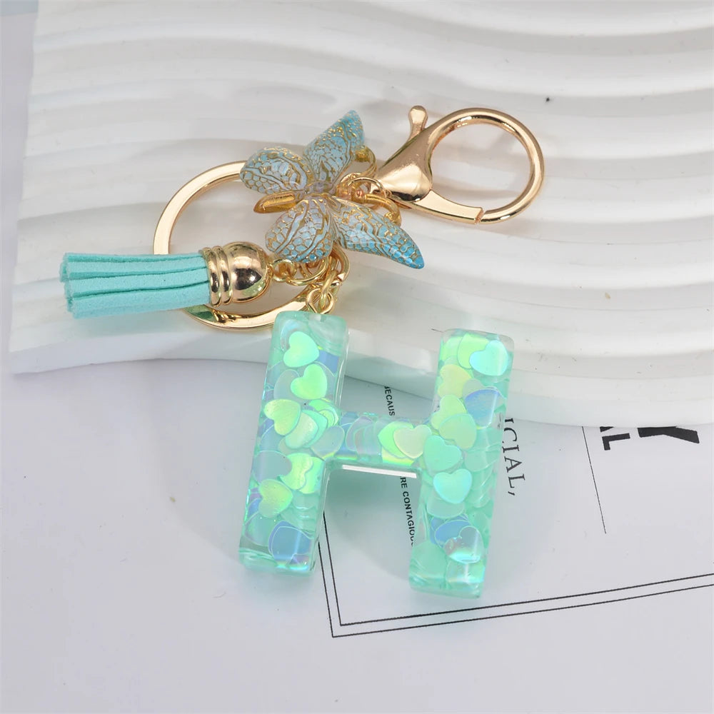 Fashion Green Tassel Butterfly 26Letter Keychain Heart-shaped Sequin Filled Resin Alphabet Keyring for Women Car Handbag Pendant