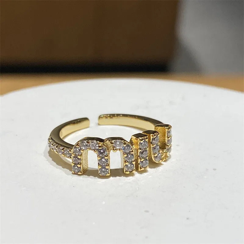 2024 Korean New Letter M Crystal Zircon Adjustable Ring for Women Gold Color Couple Rings Elegant Women's Daily Work Accessories