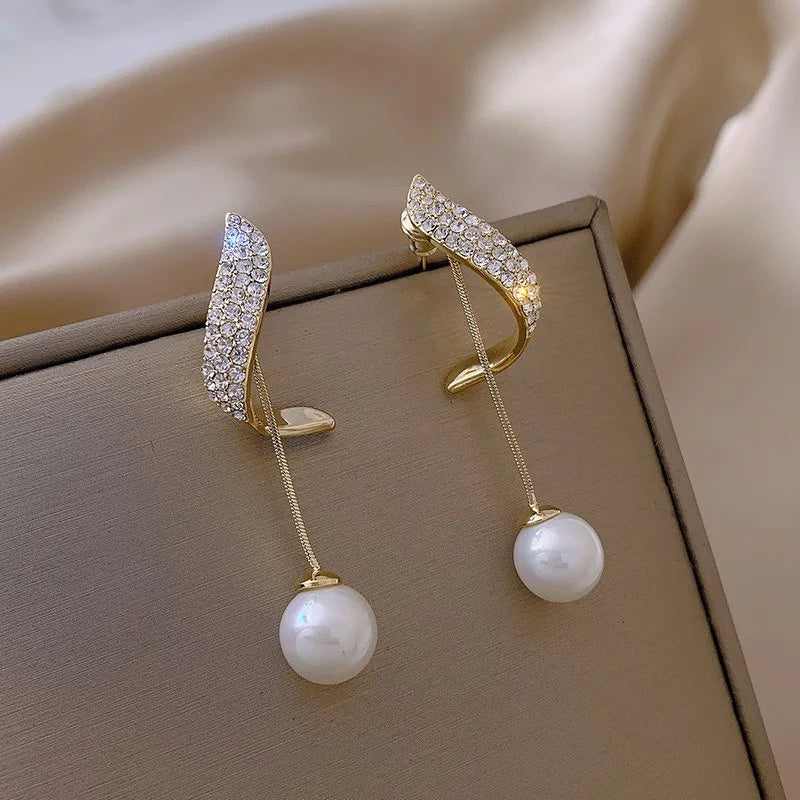 2Pcs New Classic Elegant Imitation Pearl Dangle Earrings For Women, Crystal Long Tassel Exquisite Drop Earring Wedding Jewelry