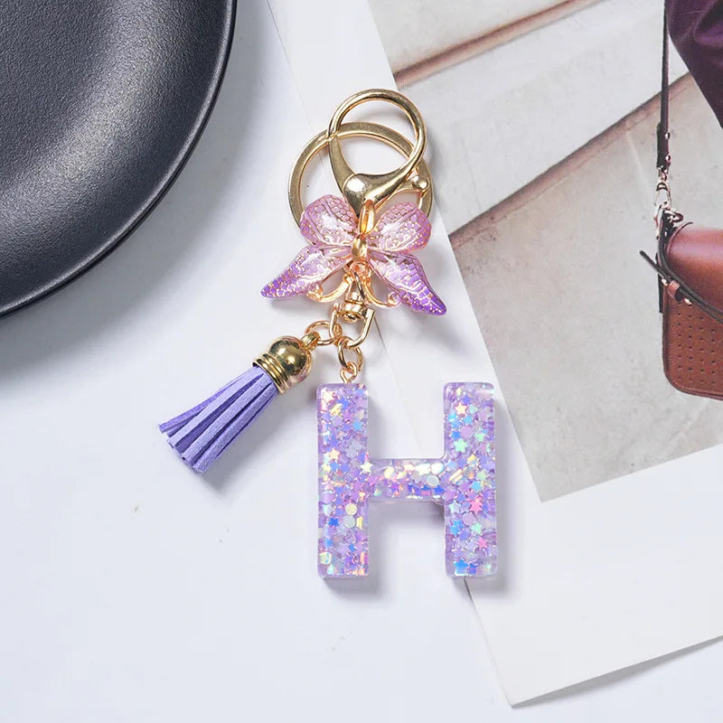 A To Z Purple Stars Filled Letter Keychain 26 Initials Alphabet Butterfly Tassel Charms Keyrings Bag Ornament Car Trinket Gift