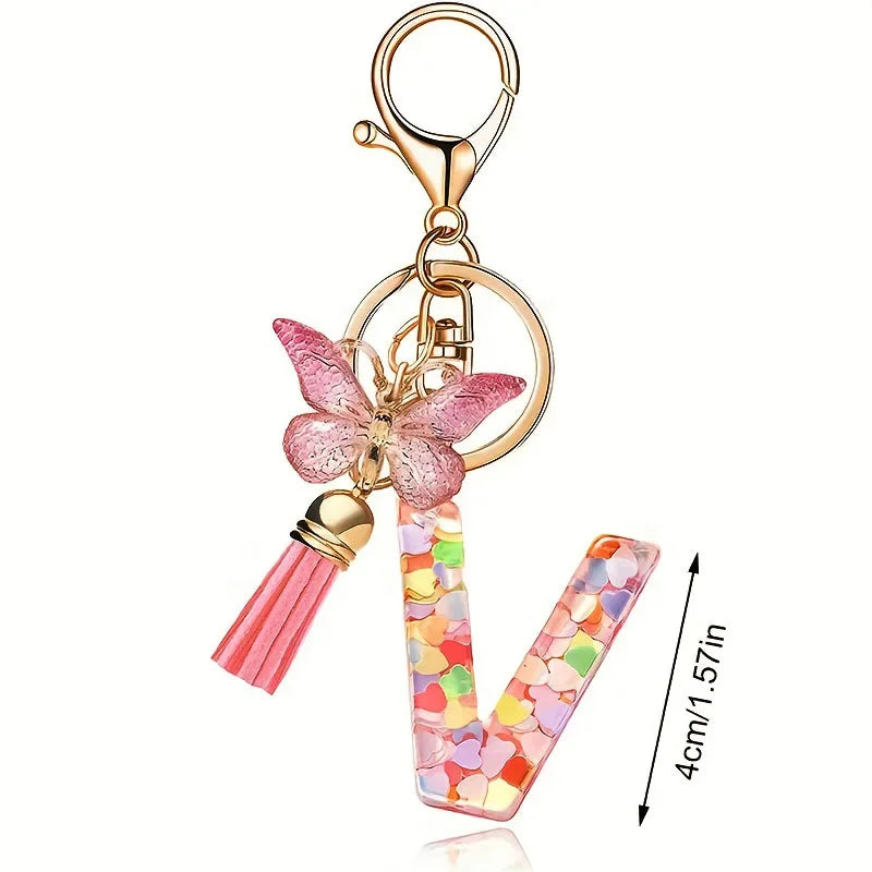 A-Z Dreamy Sequin Letters Keychain for Women Tassel Butterfly Pendant Initial Keyring Purse Suspension Bags Charms Car Key Chain