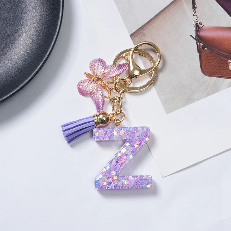 A To Z Purple Stars Filled Letter Keychain 26 Initials Alphabet Butterfly Tassel Charms Keyrings Bag Ornament Car Trinket Gift