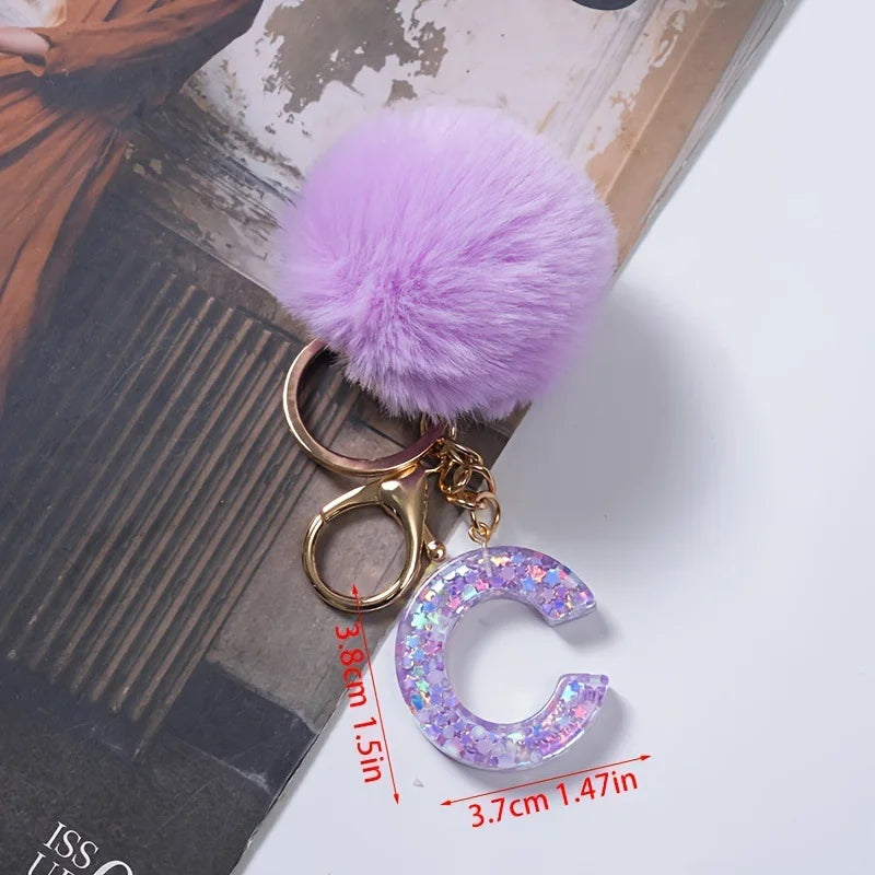 A-Z 26 Alphabet Letter keychain resin star sequin key ring cute purple plush ball keychain women's bag pendant fashion gift