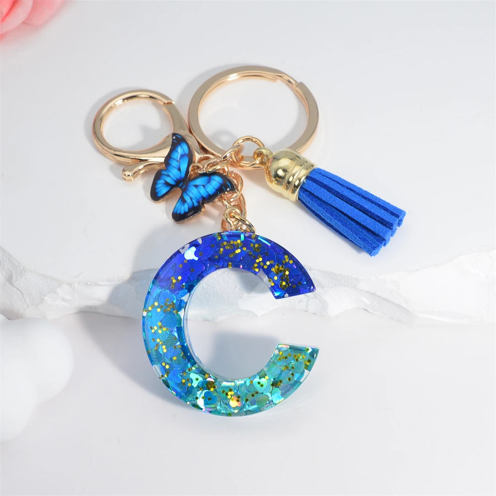 26 English Alphabet Letter Tassels Keychain Crystal Acrylic Butterfly Pendent Key Chain Women Gift Fashion Jewelry Accessories