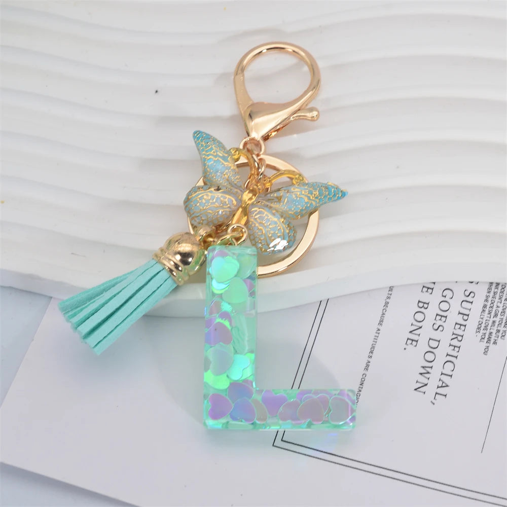 Fashion Green Tassel Butterfly 26Letter Keychain Heart-shaped Sequin Filled Resin Alphabet Keyring for Women Car Handbag Pendant