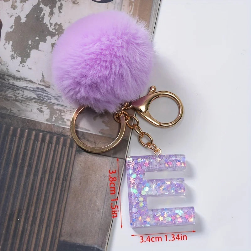 A-Z 26 Alphabet Letter keychain resin star sequin key ring cute purple plush ball keychain women's bag pendant fashion gift