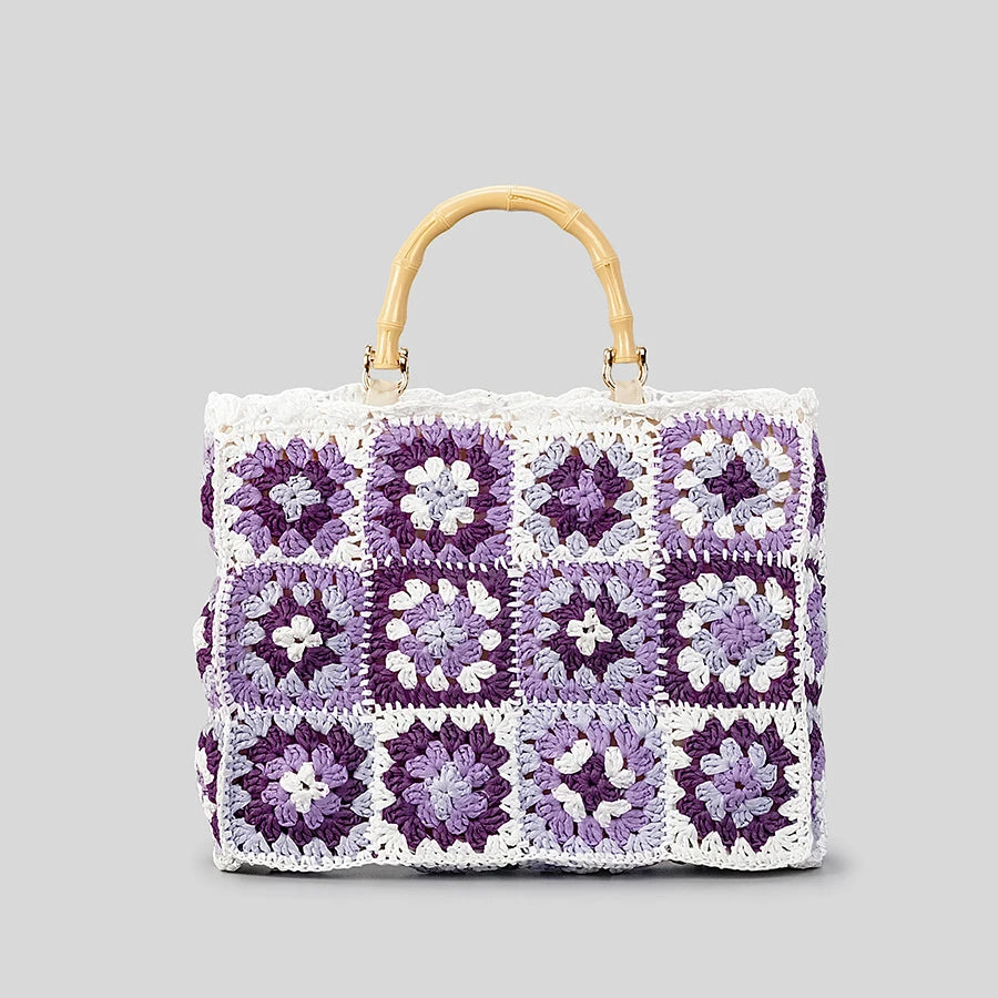 Bohemian Granny Square Straw Tote Bag Bamboo Handle Weave Women Handbags Casual Handmade Summer Beach Bags Large Capacity Purses