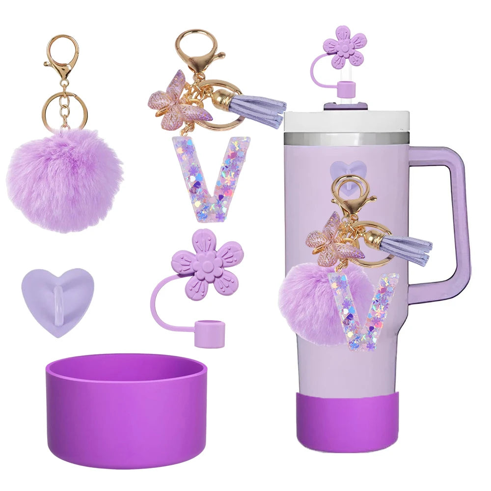 5pcs Accessories Set For Stanley Tumbler with Handle Resin Alphabet Initial Letter Keychain Keyring for Women Purse Handbags