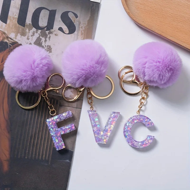 A-Z 26 Alphabet Letter keychain resin star sequin key ring cute purple plush ball keychain women's bag pendant fashion gift
