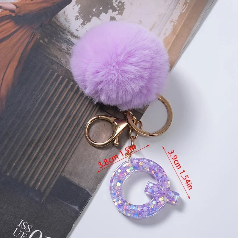 A-Z 26 Alphabet Letter keychain resin star sequin key ring cute purple plush ball keychain women's bag pendant fashion gift