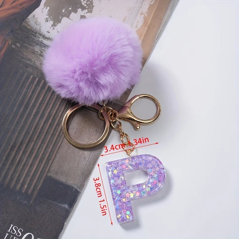 A-Z 26 Alphabet Letter keychain resin star sequin key ring cute purple plush ball keychain women's bag pendant fashion gift
