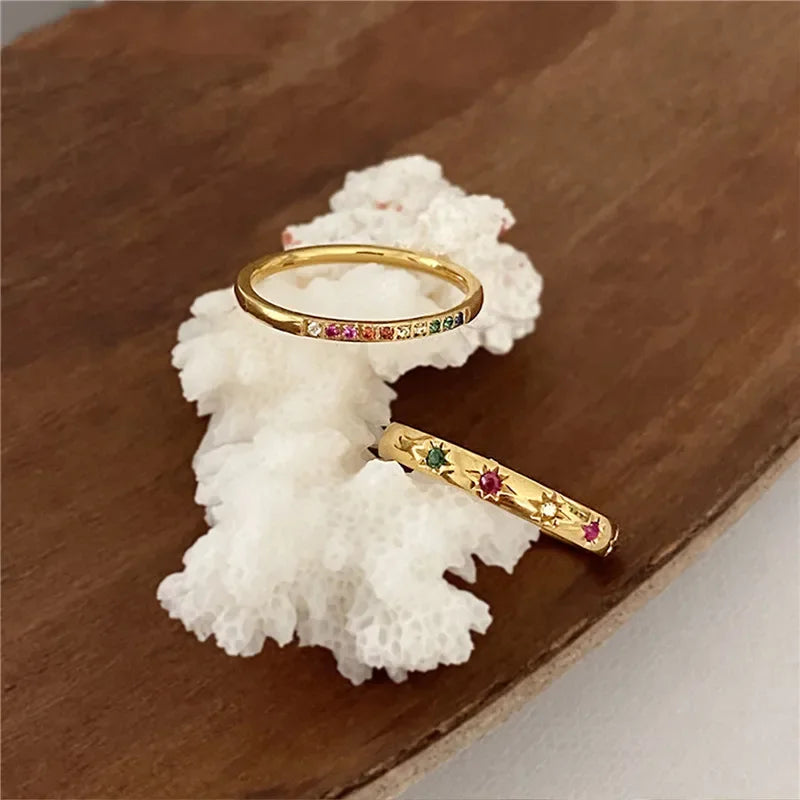 2PCS/Set Stainless Steel Rainbow Color Cubic Zircon Stone Finger Rings for Women INS Gold Color Waterproof Stars Ring Jewelry