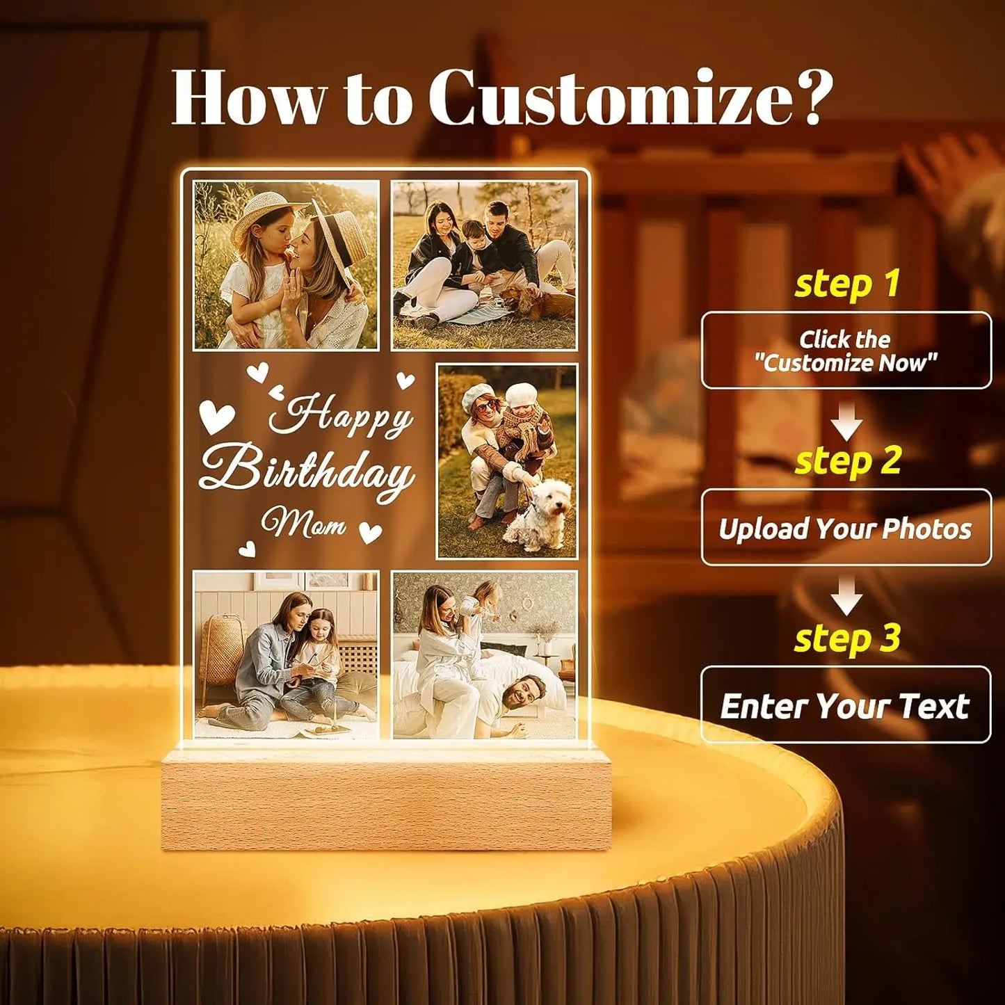 Custom Acrylic Plaque Christmas Birthday Gifts for Mom Personalized Photo Frame with Night Light Best Dad Ever Family Xmas Gifts