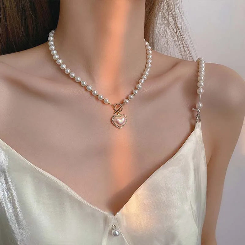 Korean Elegant Big White Imitation Pearl Bead Necklace for Women Heart Shaped Necklace Sweet Wedding Party Jewelry Girls Gifts