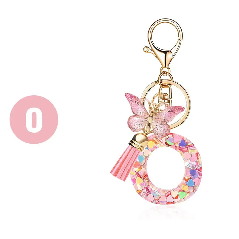 A-Z Dreamy Sequin Letters Keychain for Women Tassel Butterfly Pendant Initial Keyring Purse Suspension Bags Charms Car Key Chain