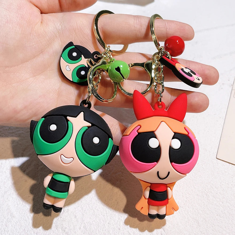 The Powerpuff Girls Creative Keychain for Women Men Fans Cartoon Cute Silicone Doll Pendant Keyring Gifts Keys Holder