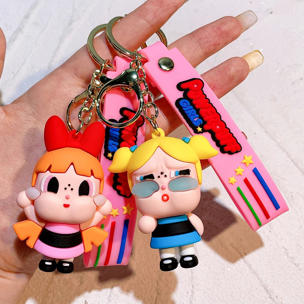The Powerpuff Girls Creative Keychain for Women Men Fans Cartoon Cute Silicone Doll Pendant Keyring Gifts Keys Holder