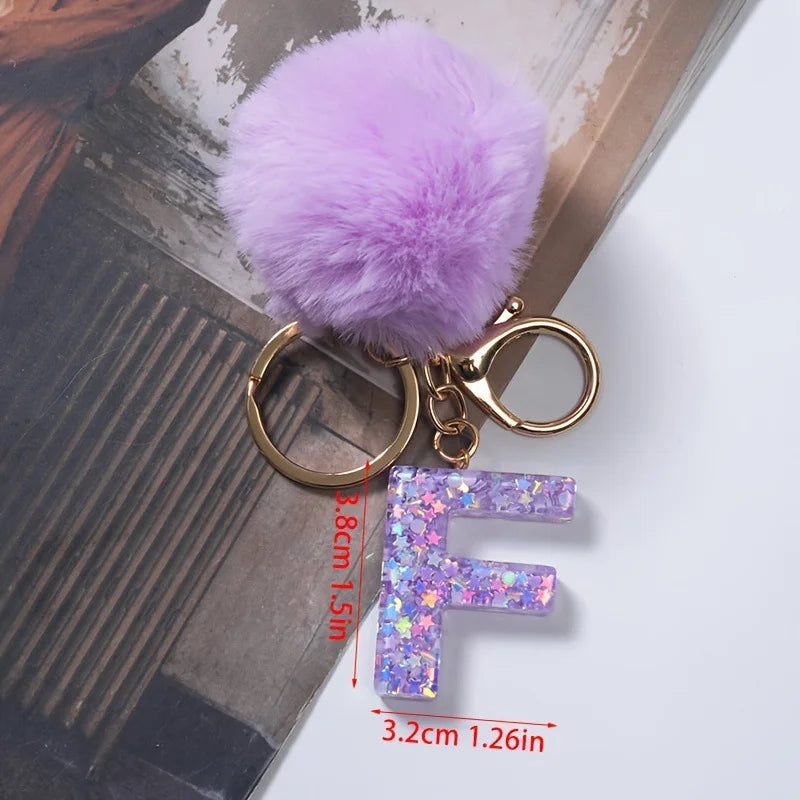 A-Z 26 Alphabet Letter keychain resin star sequin key ring cute purple plush ball keychain women's bag pendant fashion gift