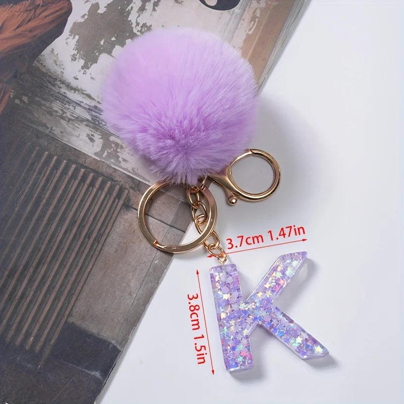 A-Z 26 Alphabet Letter keychain resin star sequin key ring cute purple plush ball keychain women's bag pendant fashion gift