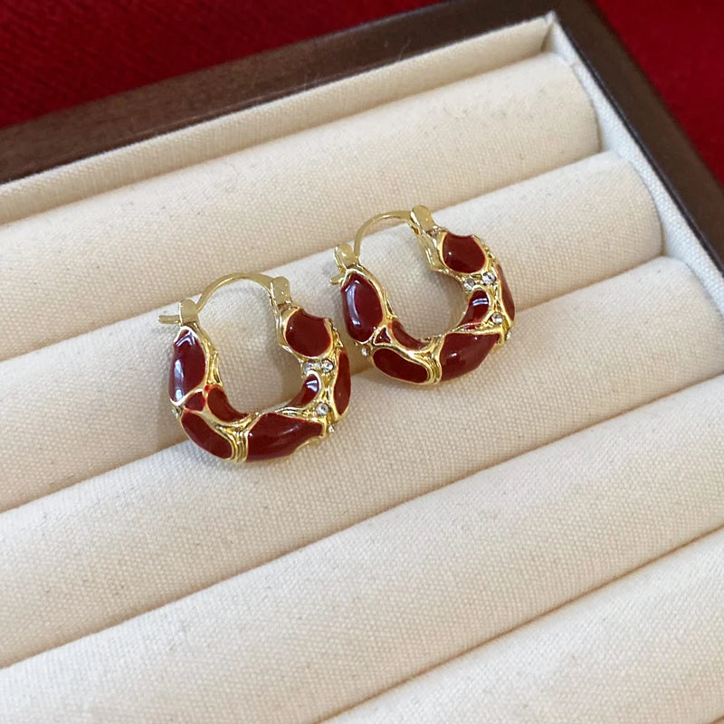 Gold Plating Dripping Coffee Color Tiger's-eye Stone Round U-shaped Hoop Earrings for Women Vintage Ear Buckles Fashion Jewelry