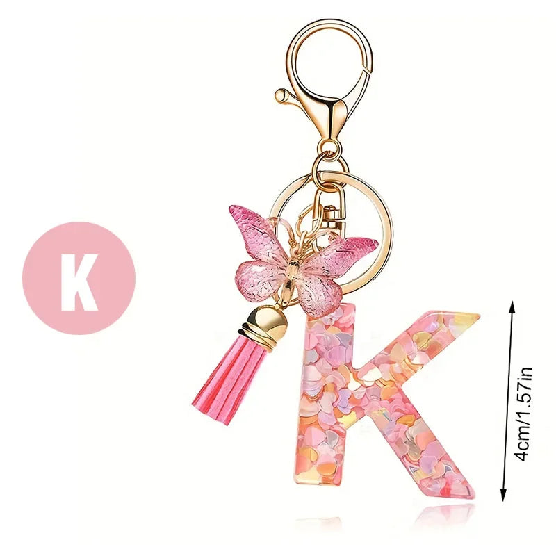 A-Z Dreamy Sequin Letters Keychain for Women Tassel Butterfly Pendant Initial Keyring Purse Suspension Bags Charms Car Key Chain