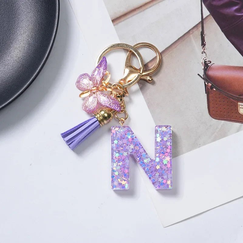 Cute Butterfly Tassel Letter Keychain Purple Stars Sequins Filled Resin A to Z Letter Keyring for Women Purse Charm Festive Gift
