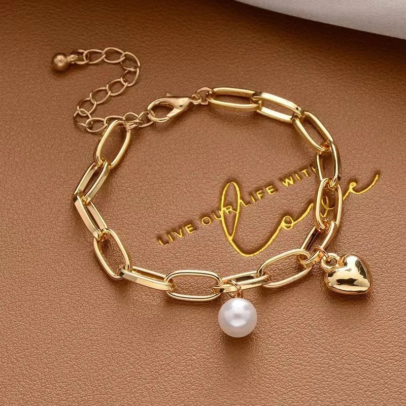 Simple Elegant Imitation Pearl Bracelets Gold Color Beads Chain for Womens Goth Chain Bracelet Bangles Trend Jewelry Gift