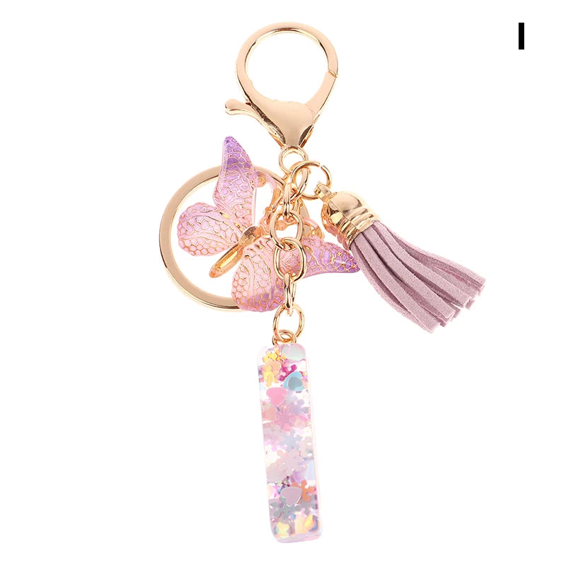 A-Z Dreamy Sequin Letters Keychain For Women Tassel Butterfly Pendant Initial Keyring Purse Suspension Bags Charms Car Key Chain
