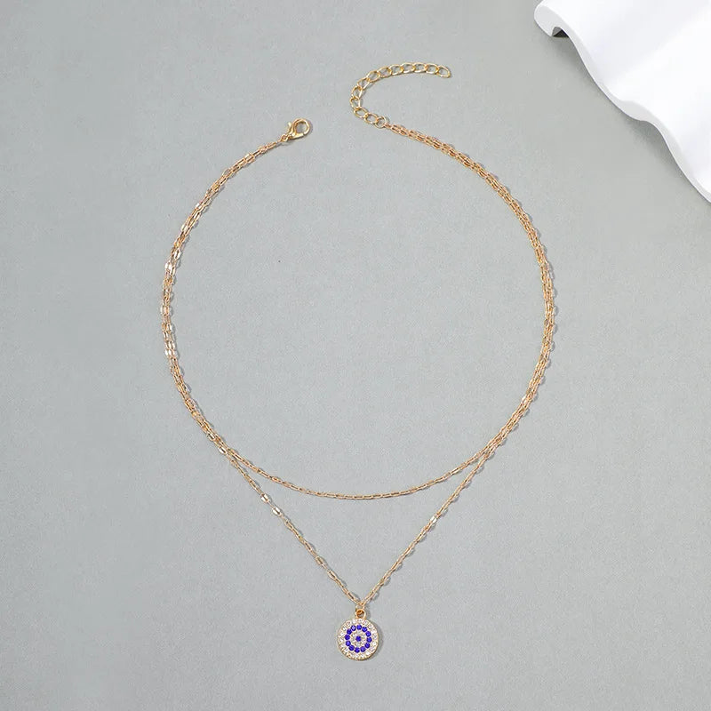 Trend Zircon Devil's Eye Pendant Necklace For Women Gold Color Stainless Steel Double Layer Lip Chain Choker Jewelry Wholesale